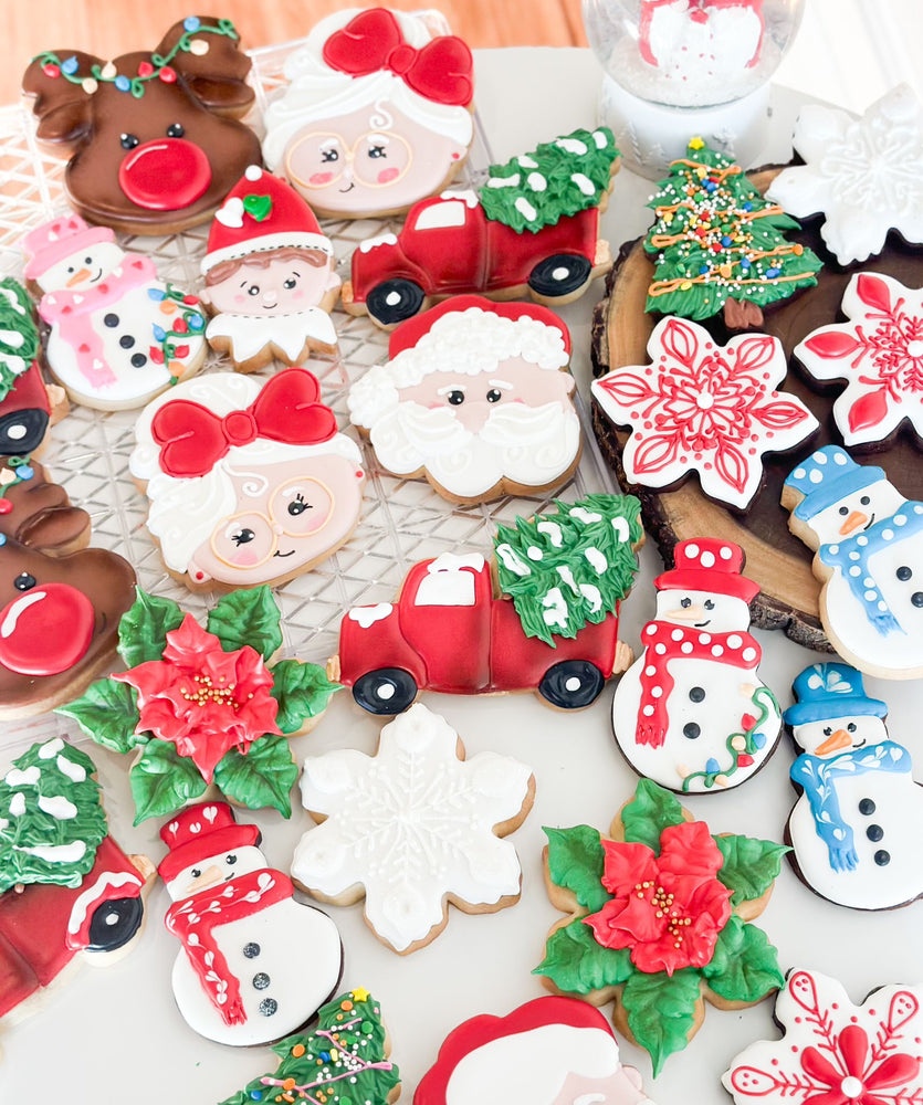Christmass decorated cookies variety - snow man, santa claus, mrs claus, raindeer, tree