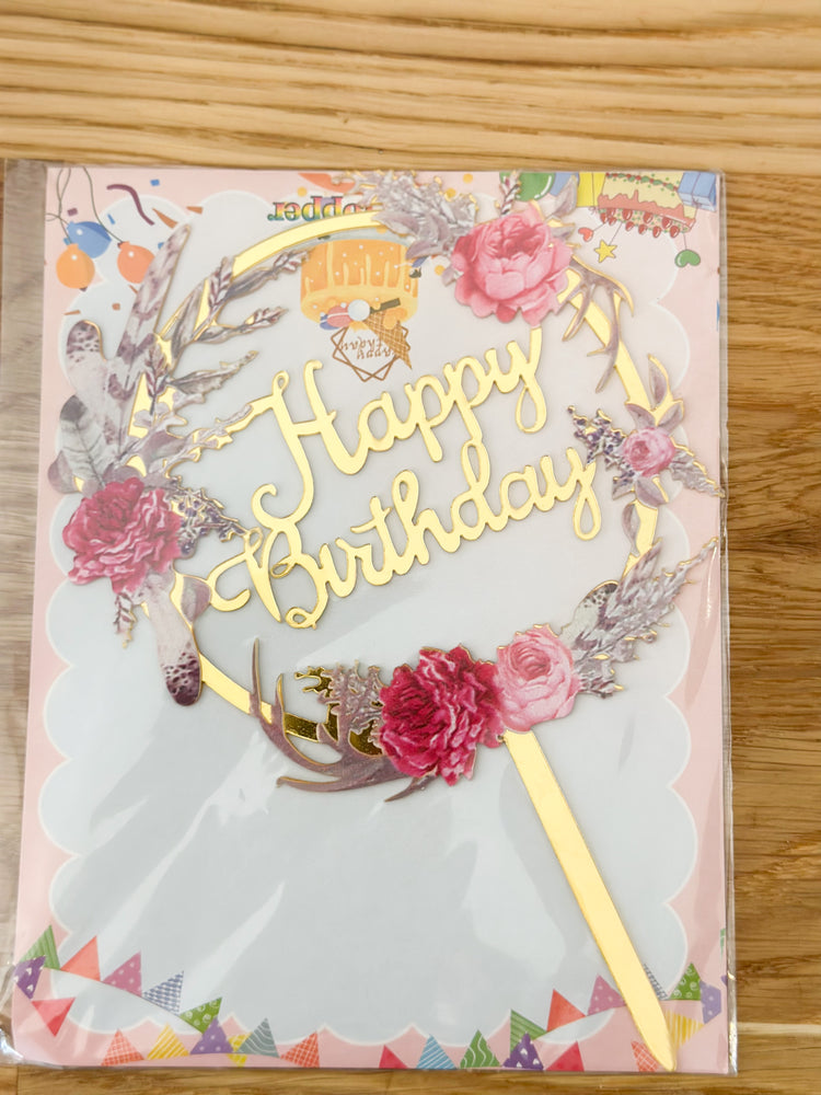 Gold Happy Birthday with Flowers Cake Topper