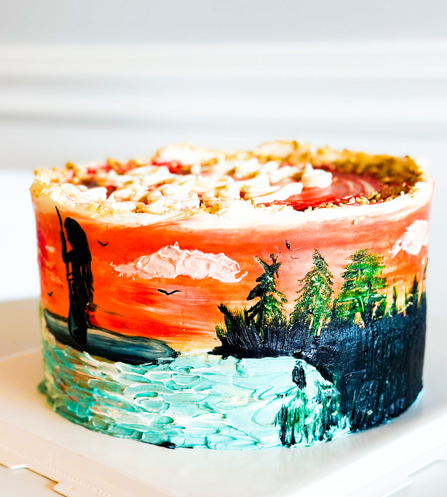 
                  
                    Load image into Gallery viewer, Custom design hand-painted sunset canoe themed birthday cake
                  
                