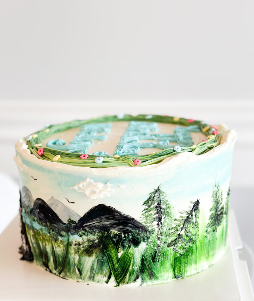 
                  
                    Load image into Gallery viewer, Custom design hand-painted mountains themed birthday cake
                  
                