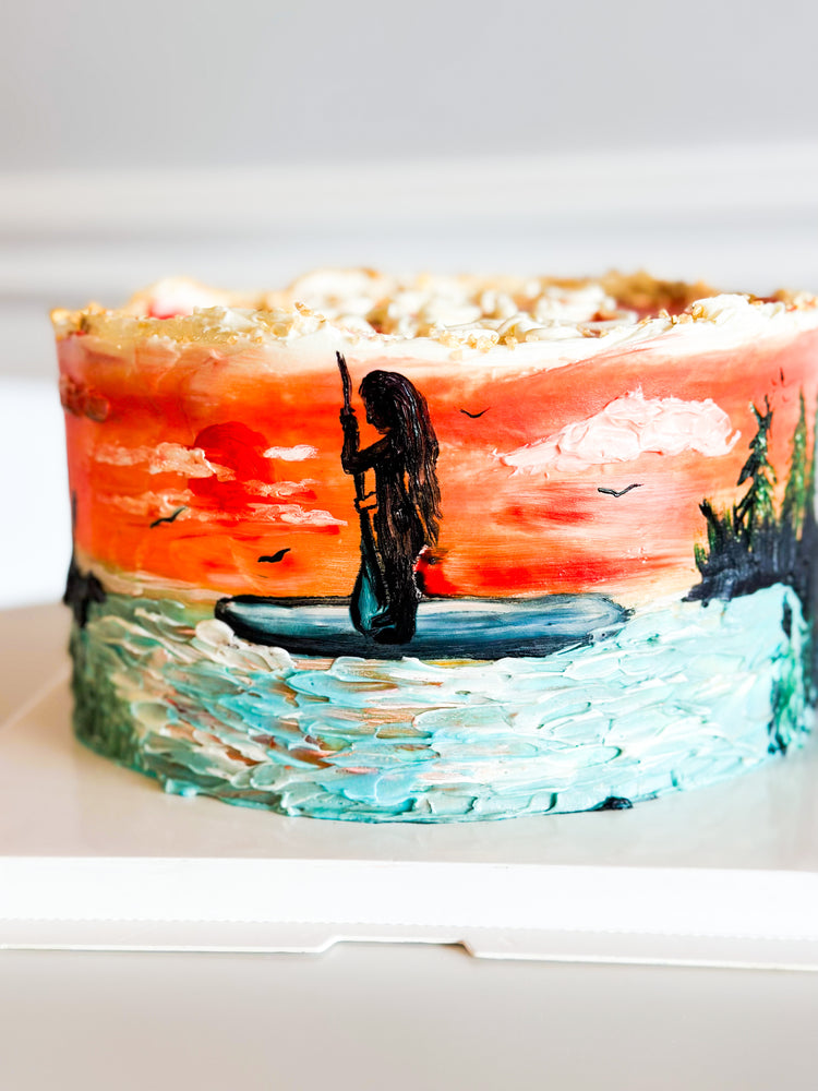 
                  
                    Load image into Gallery viewer, Custom design hand-painted suset canoe themed birthday cake
                  
                