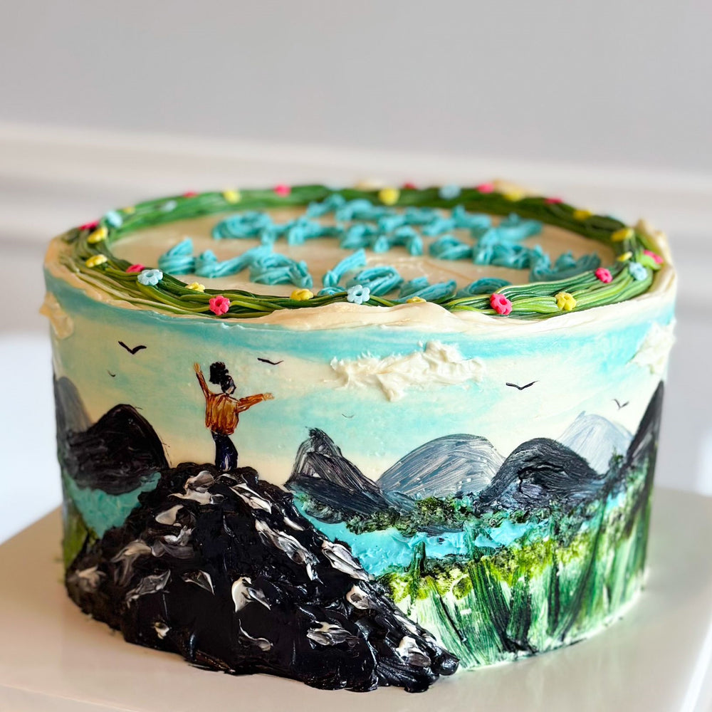 
                  
                    Load image into Gallery viewer, Mountains themed birthday cake - hand painted
                  
                