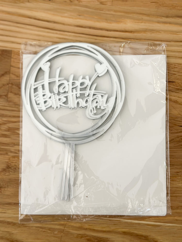 Happy Birthday Round Silver Cake Topper
