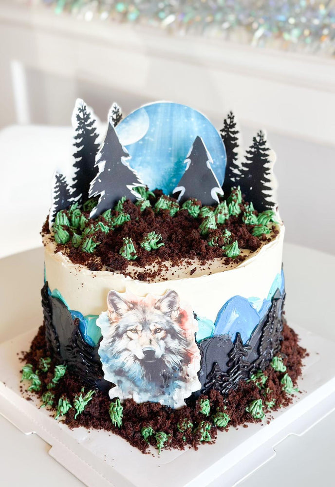 Mountains wolf themed birthday cake printed image